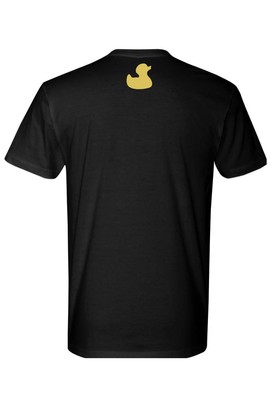 Back view of a black cotton crew neck t-shirt featuring a small yellow rubber duck logo at the nape of the neck.