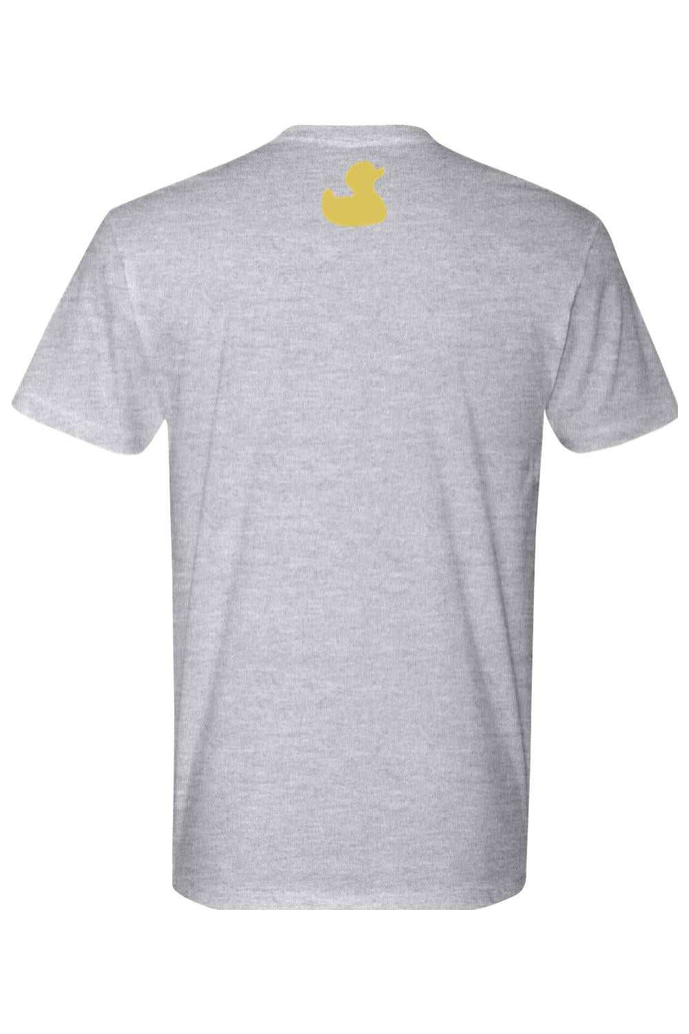 Grey heather cotton crew neck t-shirt featuring a small yellow rubber duck logo on the upper back.