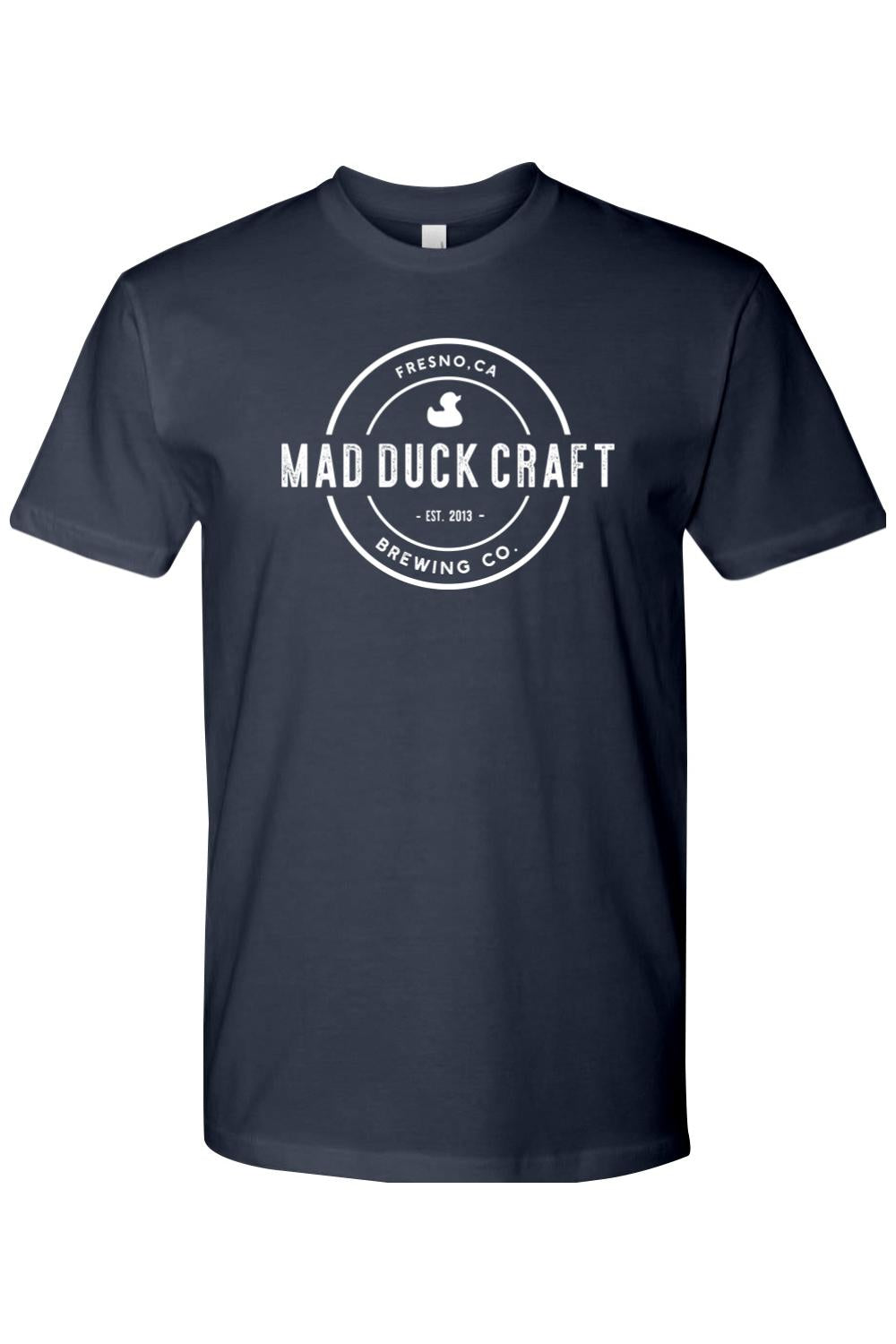 Navy blue cotton crew neck t-shirt featuring a white circular Mad Duck Craft Brewing Co. logo on the chest.
