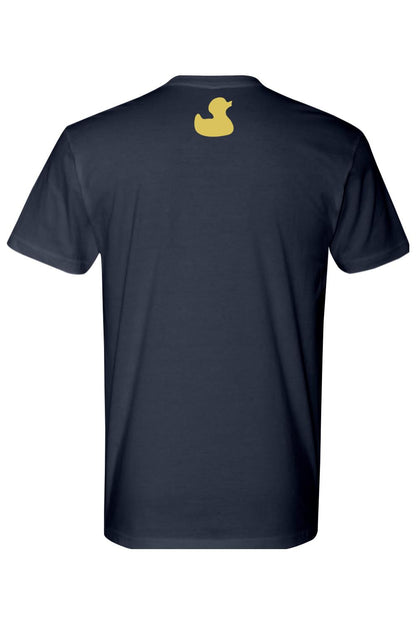 Navy blue cotton crew neck t-shirt featuring a small yellow rubber duck logo on the upper back.