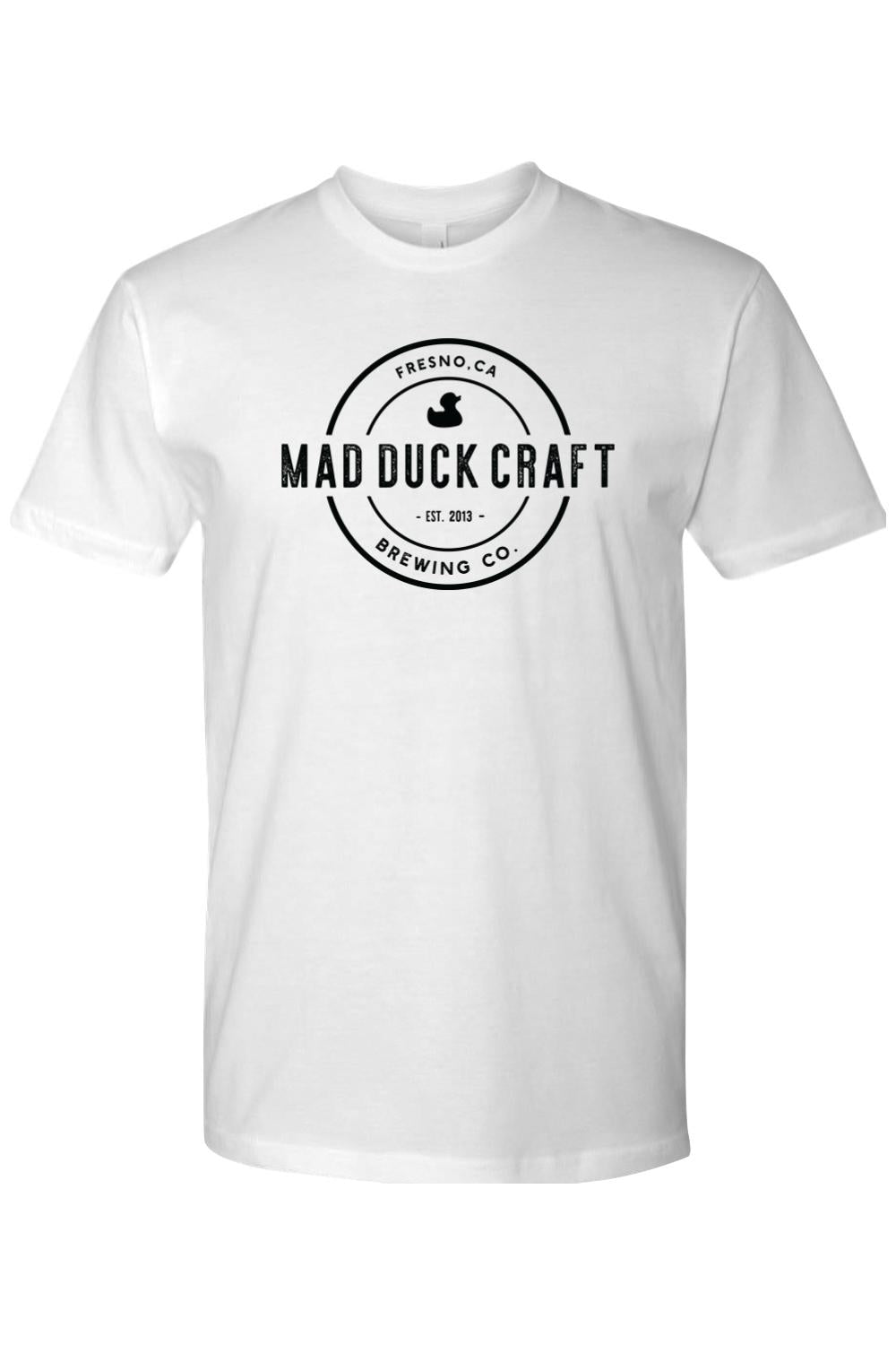 White cotton crew neck t-shirt featuring a black Mad Duck Craft Brewing Co. logo on the chest.