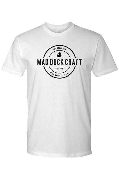 White cotton crew neck t-shirt featuring a black Mad Duck Craft Brewing Co. logo on the chest.