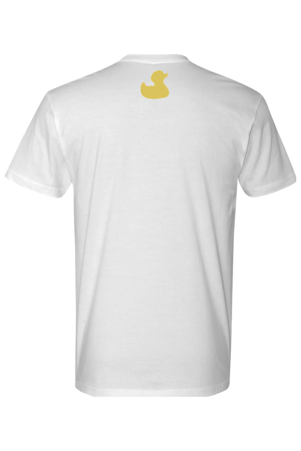 Back view of a white cotton crew neck t-shirt featuring a small yellow rubber duck logo at the nape of the neck.