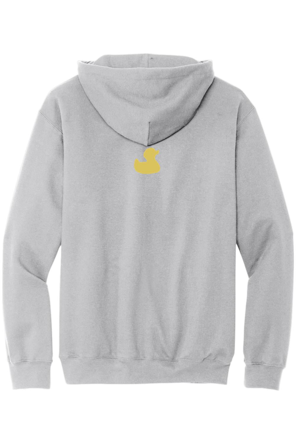 Light grey cotton hooded sweatshirt featuring a small yellow rubber duck logo on the upper back.