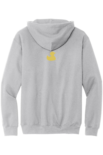 Light grey cotton hooded sweatshirt featuring a small yellow rubber duck logo on the upper back.