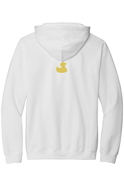 White cotton hooded sweatshirt featuring a small yellow rubber duck logo on the upper back.