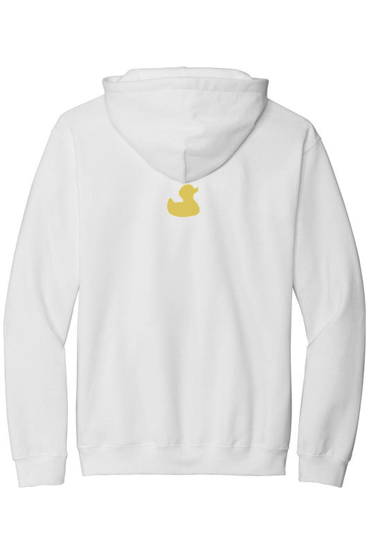 White cotton hooded sweatshirt featuring a small yellow rubber duck logo on the upper back.
