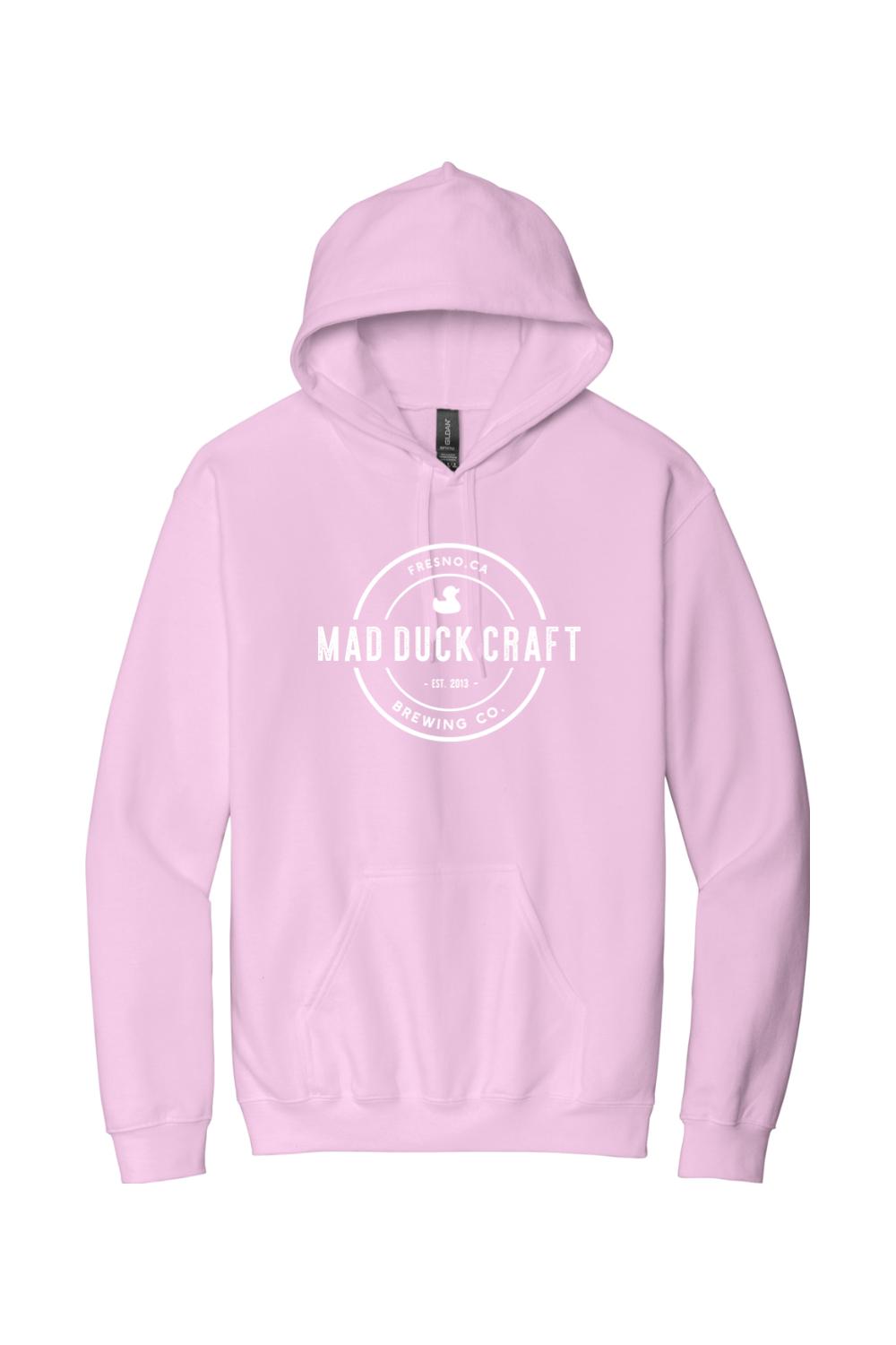 Light pink cotton hooded sweatshirt featuring a white Mad Duck Craft Brewing Co. logo on the chest.