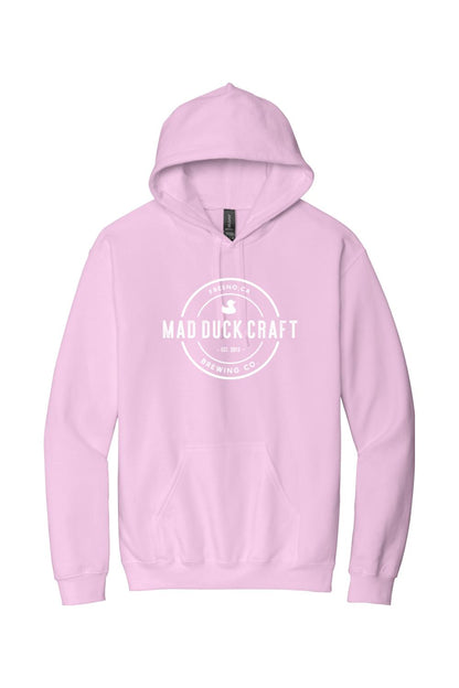Light pink cotton hooded sweatshirt featuring a white Mad Duck Craft Brewing Co. logo on the chest.