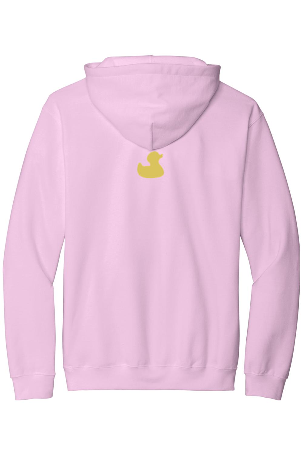 Light pink cotton hooded sweatshirt featuring a small yellow rubber duck logo on the back.