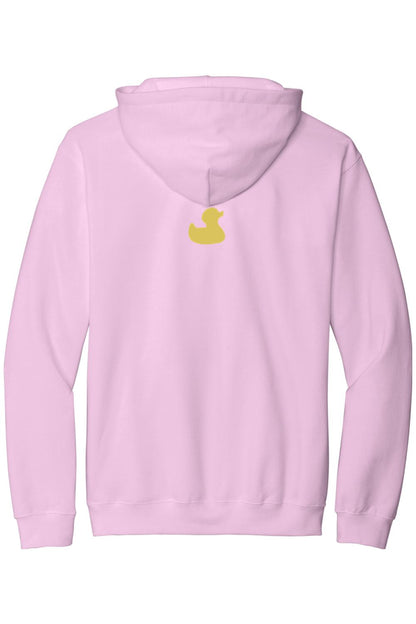 Light pink cotton hooded sweatshirt featuring a small yellow rubber duck logo on the back.