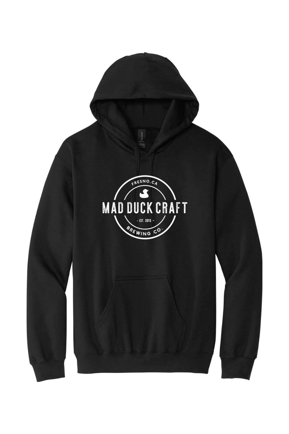 Black cotton hooded sweatshirt featuring a white Mad Duck Craft Brewing Co. logo on the front chest.