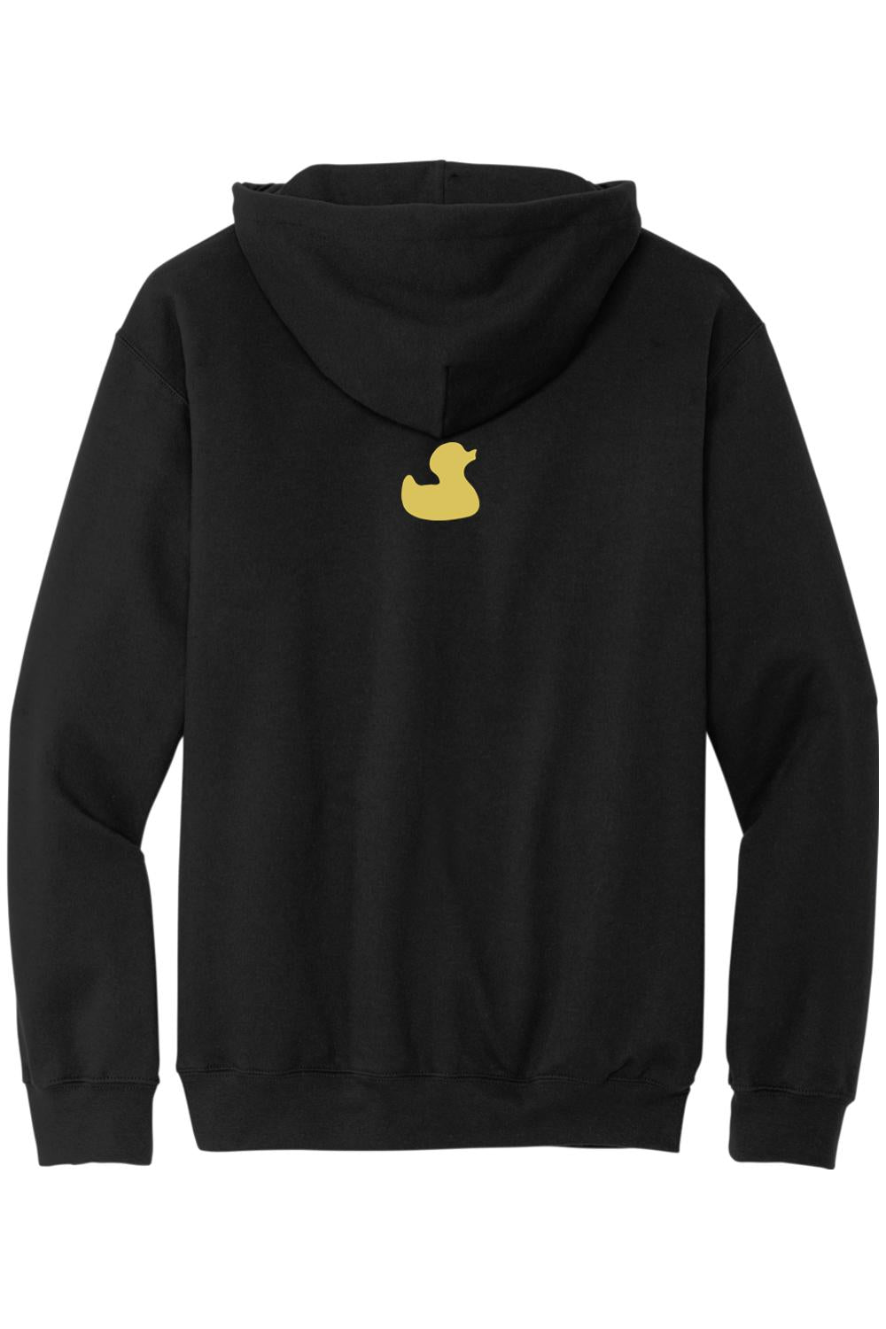 Black cotton zip-up hoodie featuring a small yellow rubber duck logo on the back.