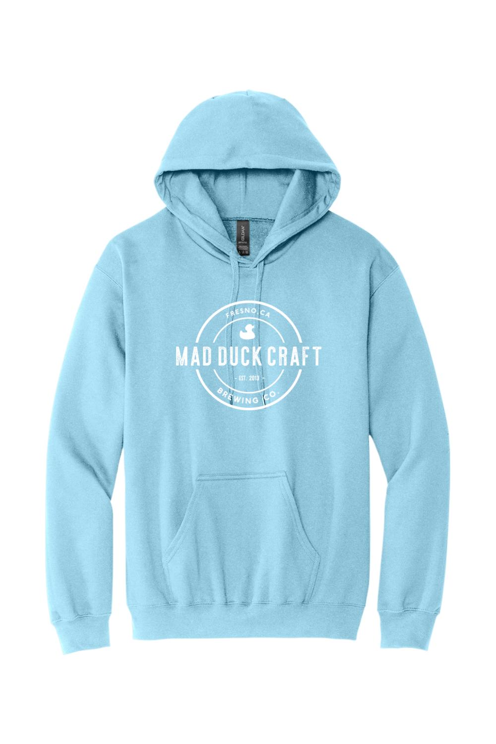 Light blue cotton hooded sweatshirt featuring a white Mad Duck Craft Brewing Co. logo on the chest.