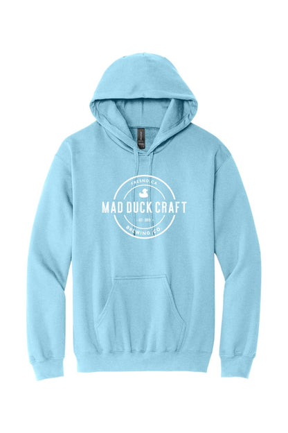 Light blue cotton hooded sweatshirt featuring a white Mad Duck Craft Brewing Co. logo on the chest.