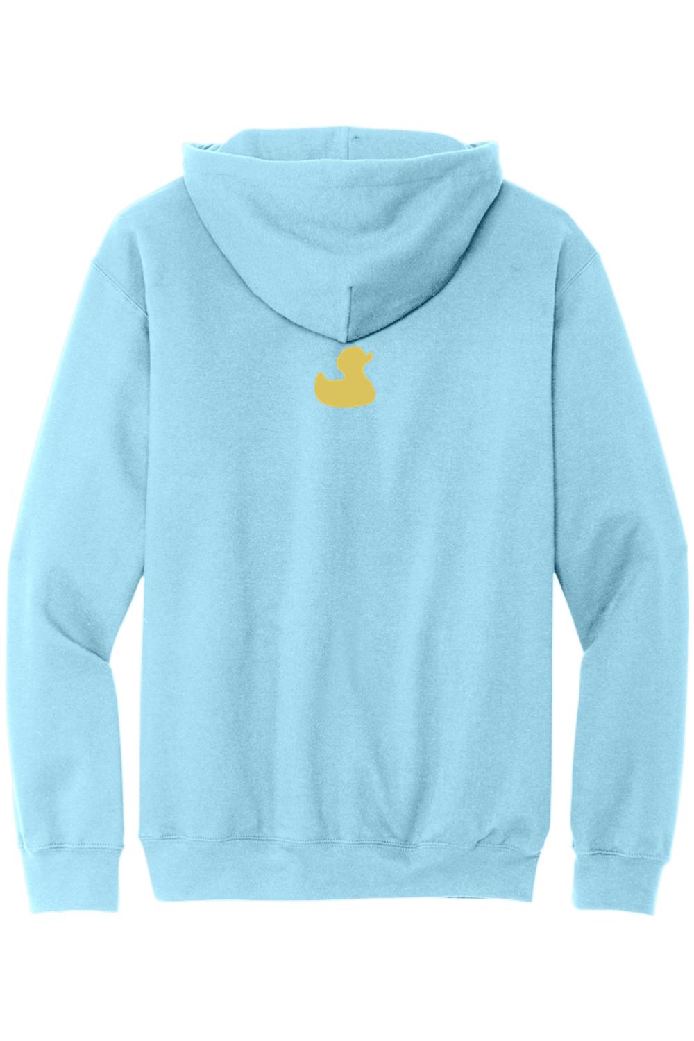 Light blue cotton hooded sweatshirt featuring a small yellow rubber duck logo on the back.