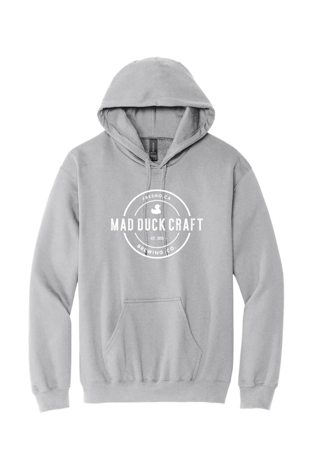 Light grey cotton hooded sweatshirt featuring a white Mad Duck Craft Brewing Co. logo on the front chest.