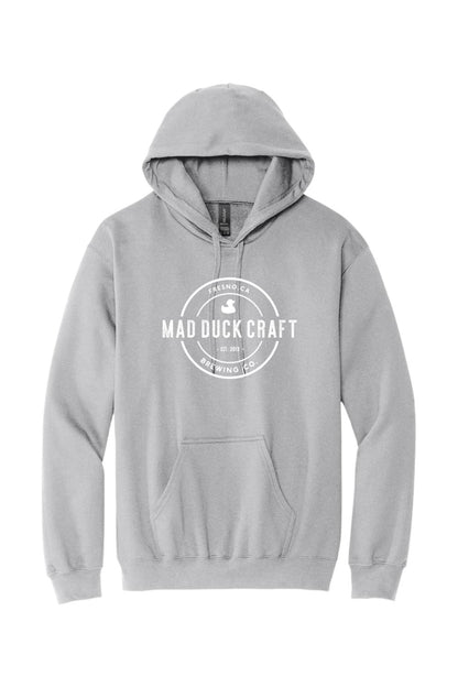Light grey cotton hooded sweatshirt featuring a white Mad Duck Craft Brewing Co. logo on the front chest.