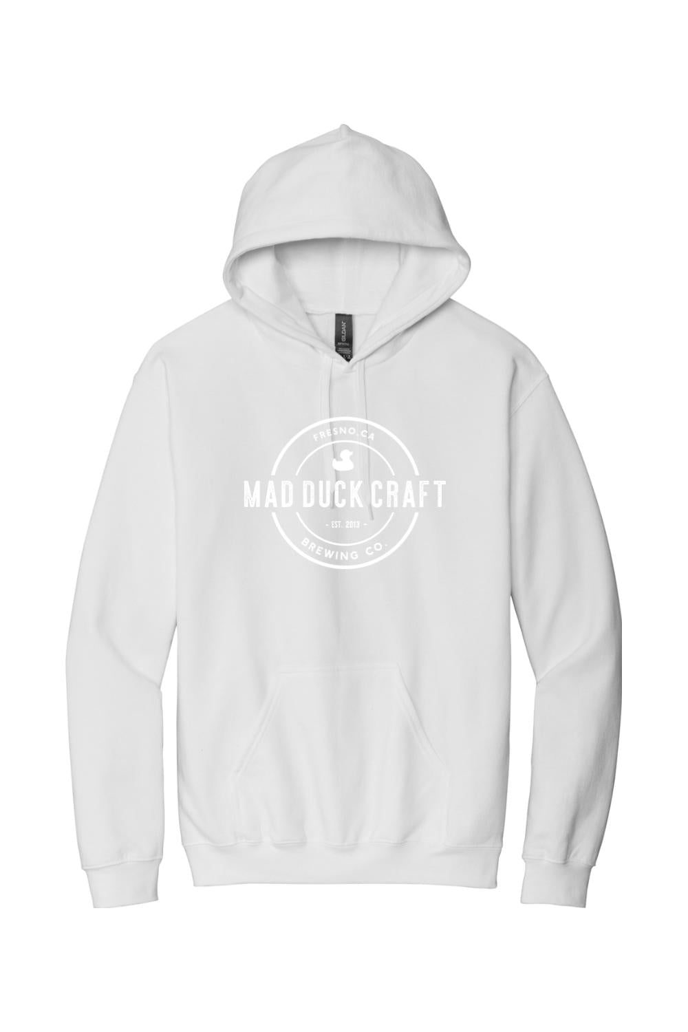 White cotton hooded sweatshirt featuring a circular Mad Duck Craft Brewing Co. logo in the center.