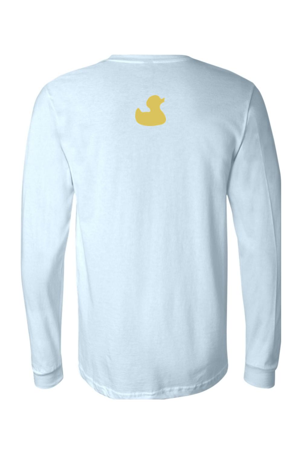 Light blue long-sleeve cotton jersey tee featuring a small yellow rubber duck logo on the upper back.
