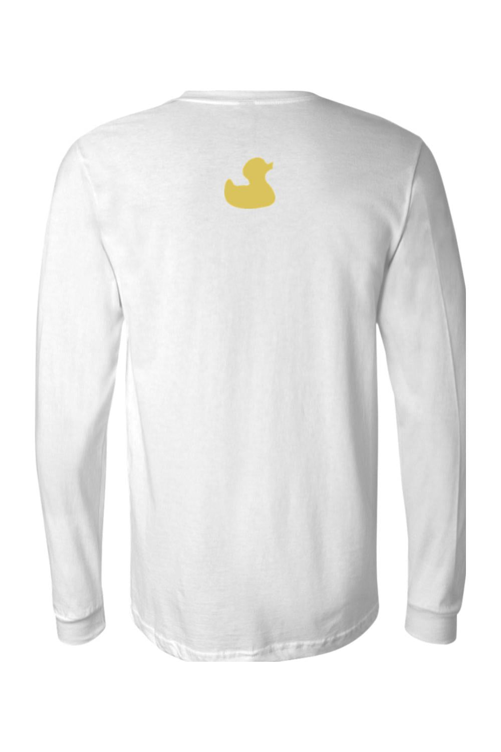 White long-sleeve cotton jersey tee featuring a small yellow rubber duck logo on the upper back.