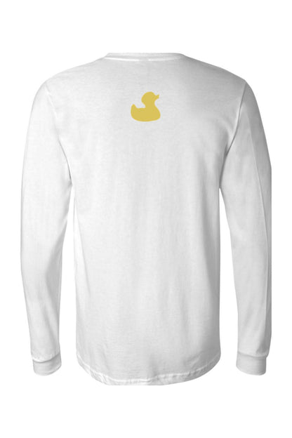 White long-sleeve cotton jersey tee featuring a small yellow rubber duck logo on the upper back.