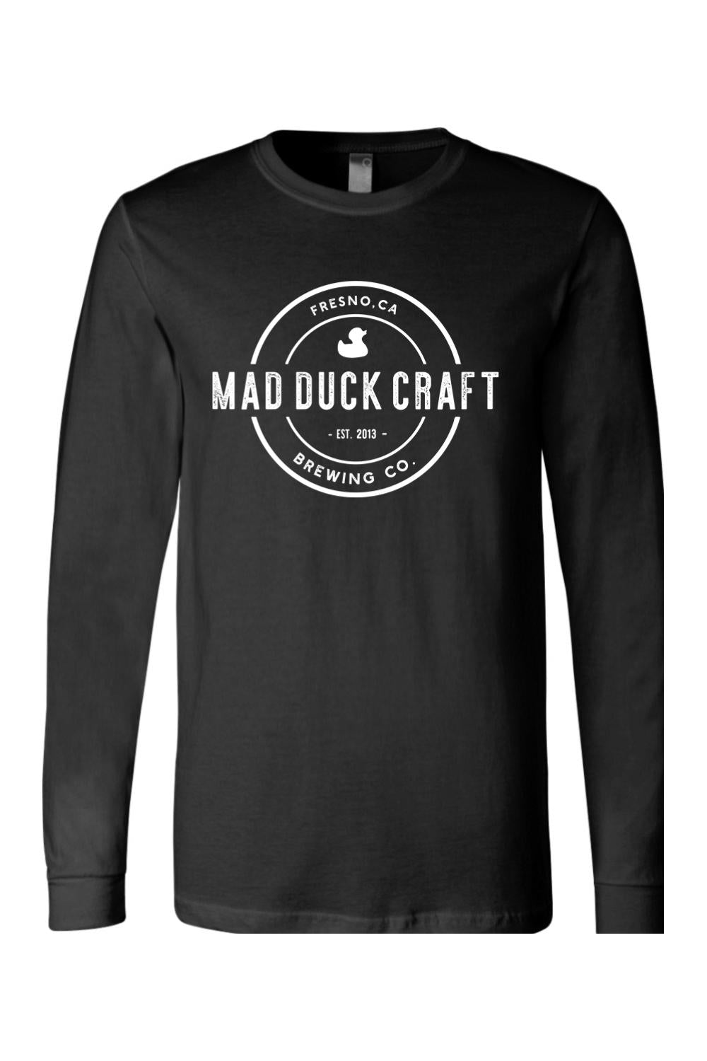 Black long-sleeve cotton jersey tee featuring a white Mad Duck Craft Brewing Co. logo graphic on the chest.