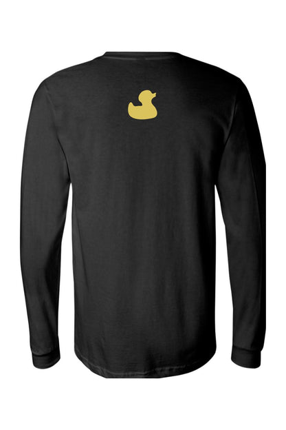 Back view of a black long-sleeve cotton jersey tee featuring a small yellow rubber duck logo on the upper back.
