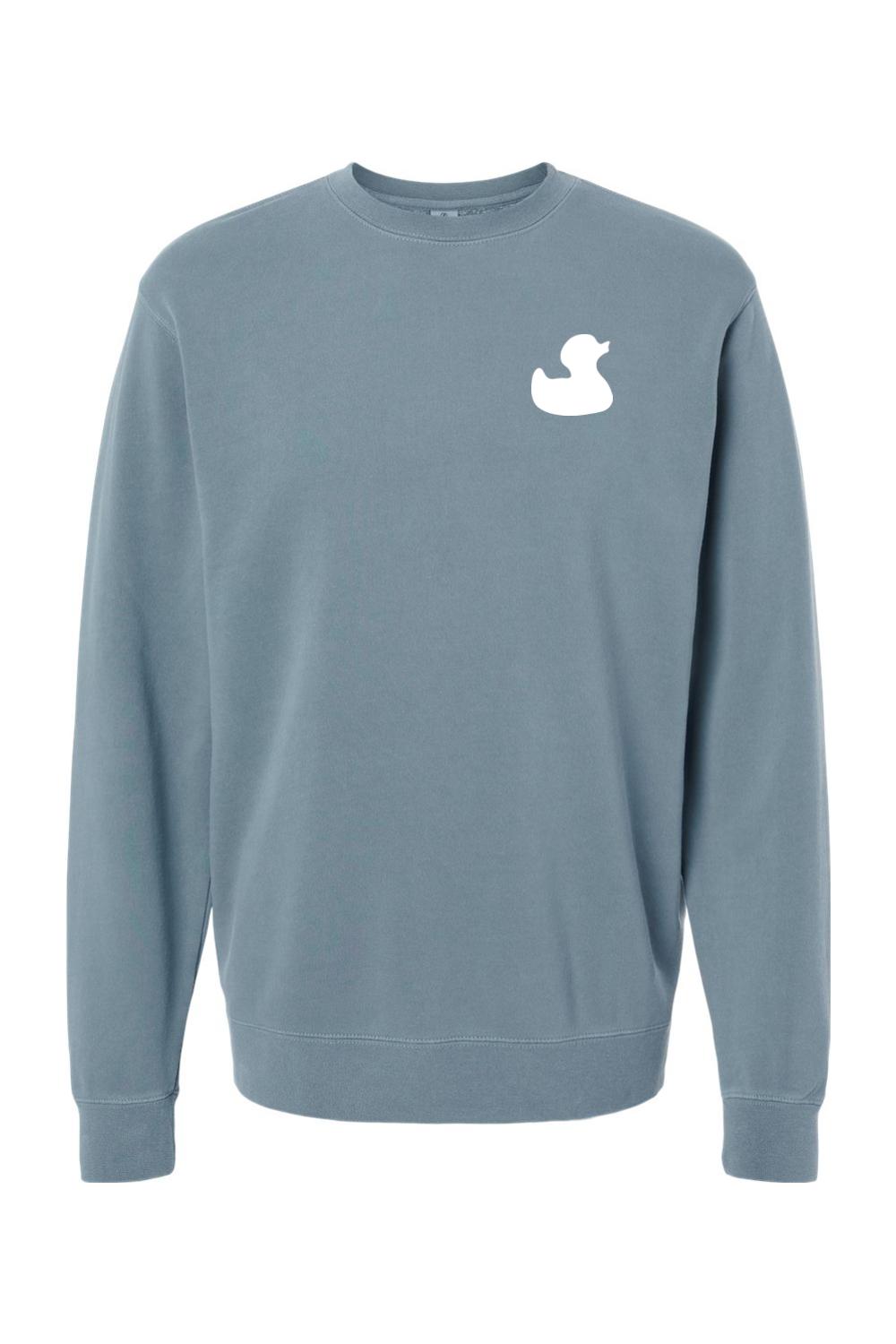 Blue pigment-dyed men's crewneck sweatshirt featuring a white rubber duck logo on the left chest.
