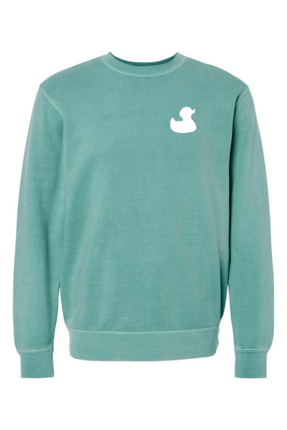 Seafoam green pigment-dyed crewneck sweatshirt featuring a white rubber duck logo on the left chest.