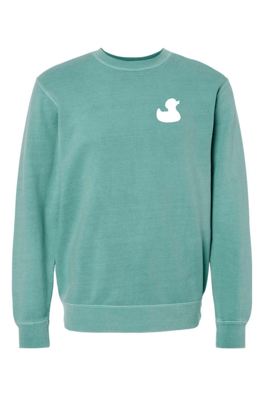 Seafoam green pigment-dyed crewneck sweatshirt featuring a white rubber duck logo on the left chest.