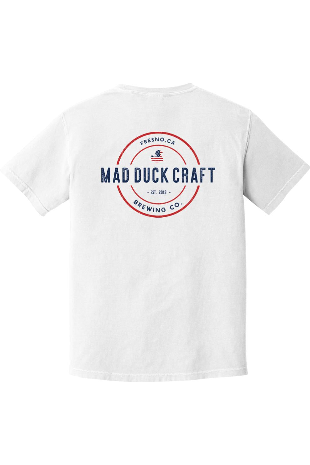 White Comfort Colors short sleeve cotton t-shirt featuring a red, white, and blue Mad Duck Craft Brewing Co. logo.