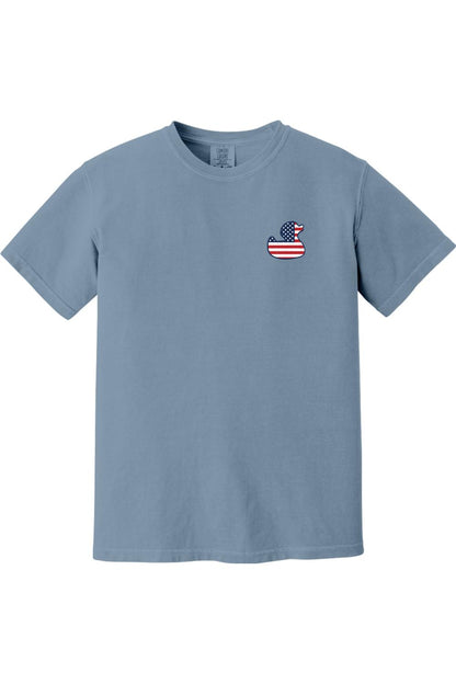 Blue Comfort Colors short sleeve cotton t-shirt featuring a small American flag patterned duck logo on the chest.