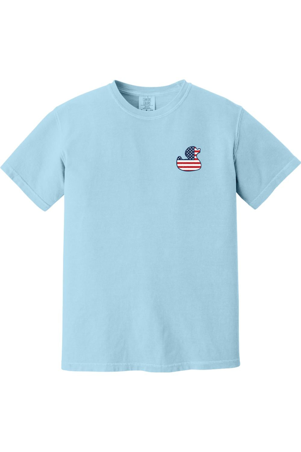Light blue Comfort Colors short sleeve cotton t-shirt featuring a small American flag duck graphic on the chest.