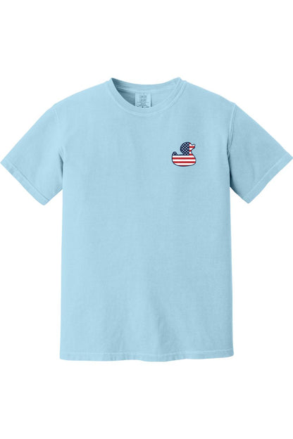 Light blue Comfort Colors short sleeve cotton t-shirt featuring a small American flag duck graphic on the chest.