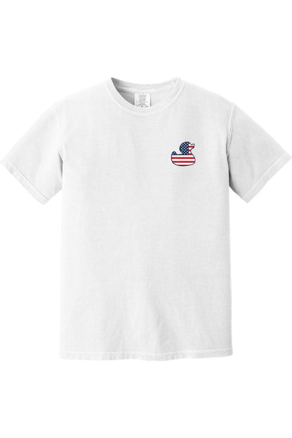 White Comfort Colors short sleeve cotton t-shirt featuring a small red, white, and blue American flag duck graphic.