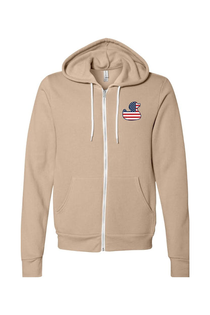 Tan full-zip sponge fleece hoodie with a red, white, and blue American flag duck logo on the chest.