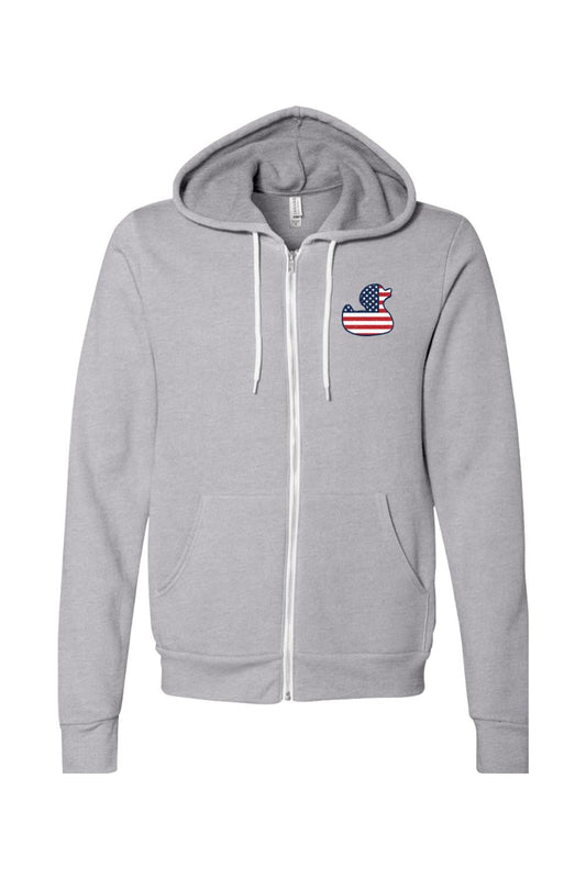 Heather gray full-zip sponge fleece hoodie featuring a red, white, and blue American flag duck logo on the chest.