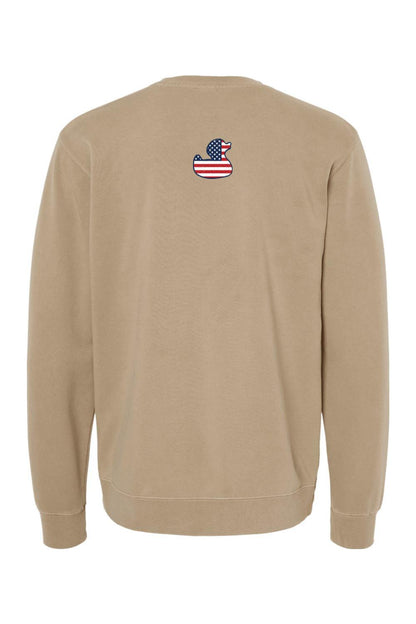 Tan pigment-dyed crewneck sweatshirt featuring a small American flag duck logo on the upper back.
