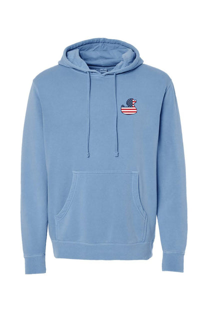 Light blue pigment-dyed hoodie with a red, white, and blue American flag duck logo on the chest.