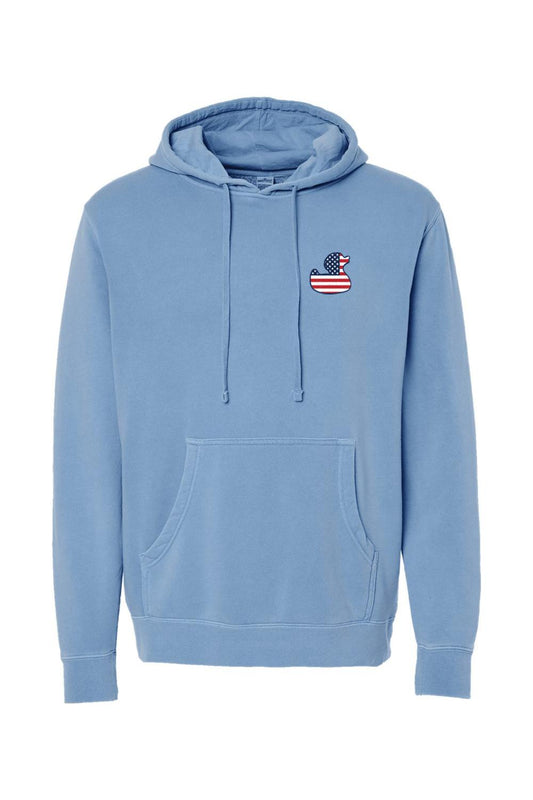 Light blue pigment-dyed hoodie with a red, white, and blue American flag duck logo on the chest.
