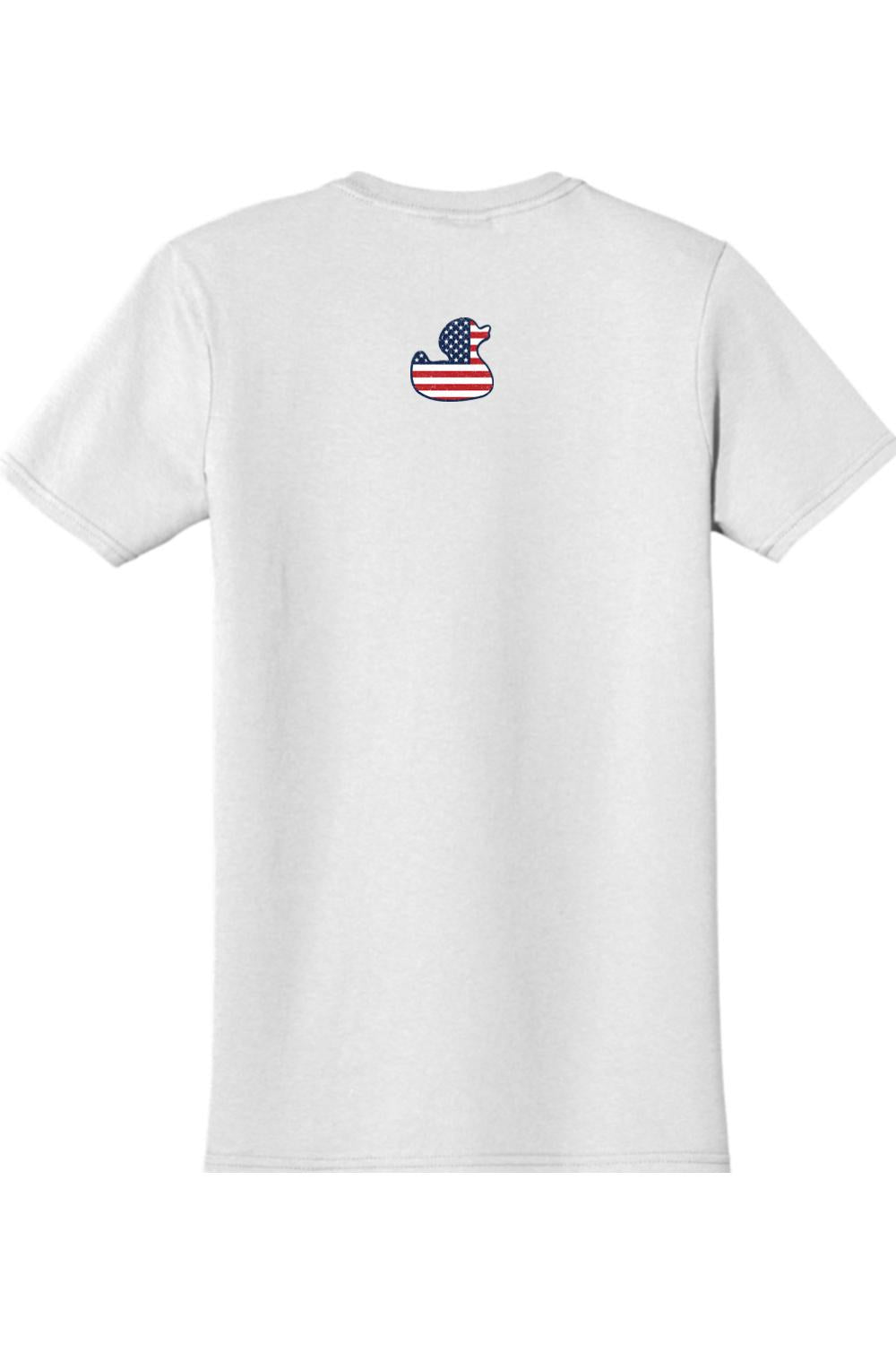 White cotton t-shirt featuring a small American flag-patterned rubber duck graphic on the upper back.