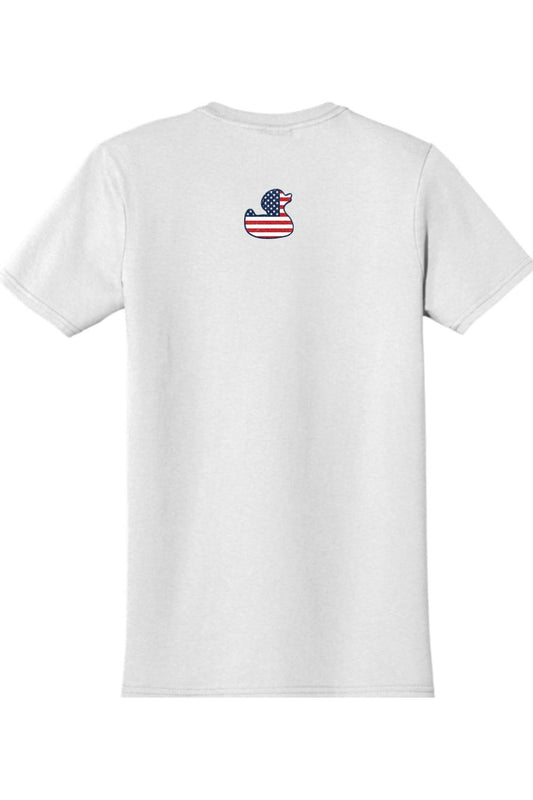 White cotton t-shirt featuring a small American flag-patterned rubber duck graphic on the upper back.