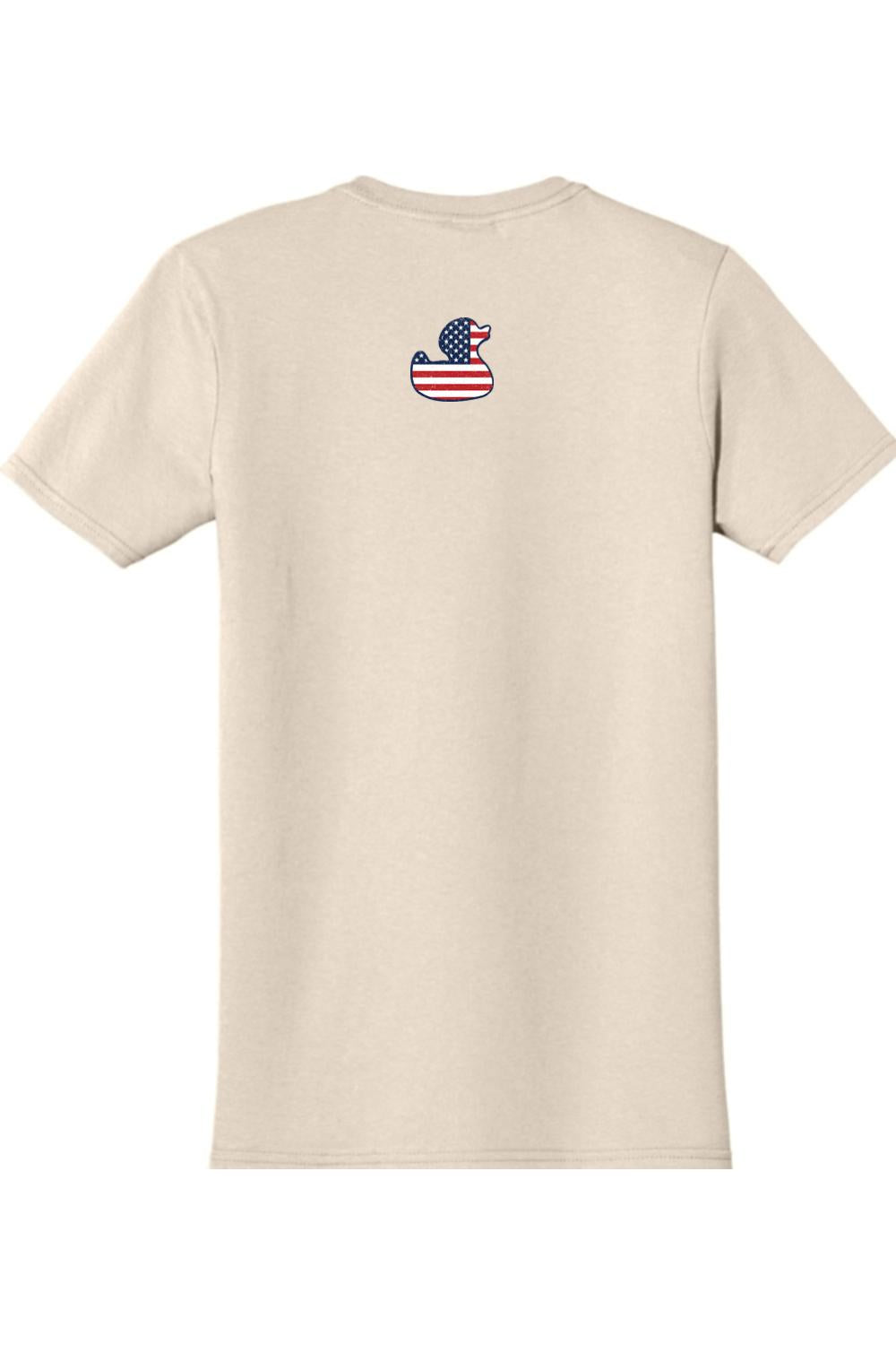Beige cotton t-shirt featuring a small American flag patterned rubber duck graphic on the upper back.