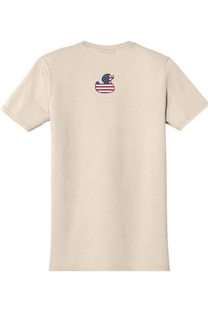 Beige cotton t-shirt featuring a small American flag patterned rubber duck graphic on the upper back.
