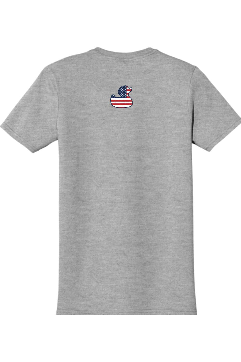 Heather gray short-sleeve t-shirt featuring a small American flag patterned rubber duck logo on the back.