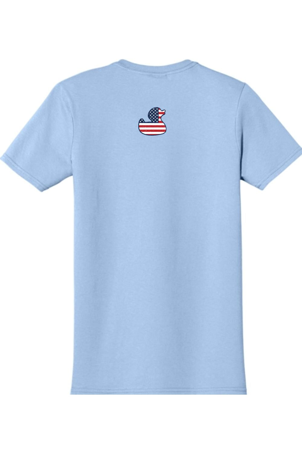 Light blue short-sleeve t-shirt featuring a small American flag patterned rubber duck logo on the back.