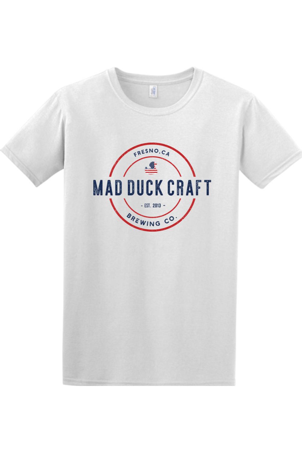 White cotton t-shirt featuring a red, white, and blue Mad Duck Craft Brewing Co. logo on the chest.