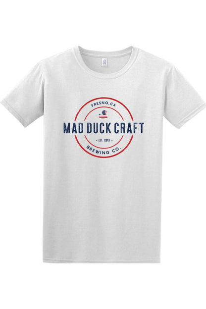 White cotton t-shirt featuring a red, white, and blue Mad Duck Craft Brewing Co. logo on the chest.