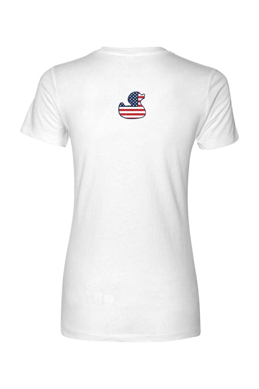 White women's cotton t-shirt featuring a small red, white, and blue American flag patterned duck graphic on the back.